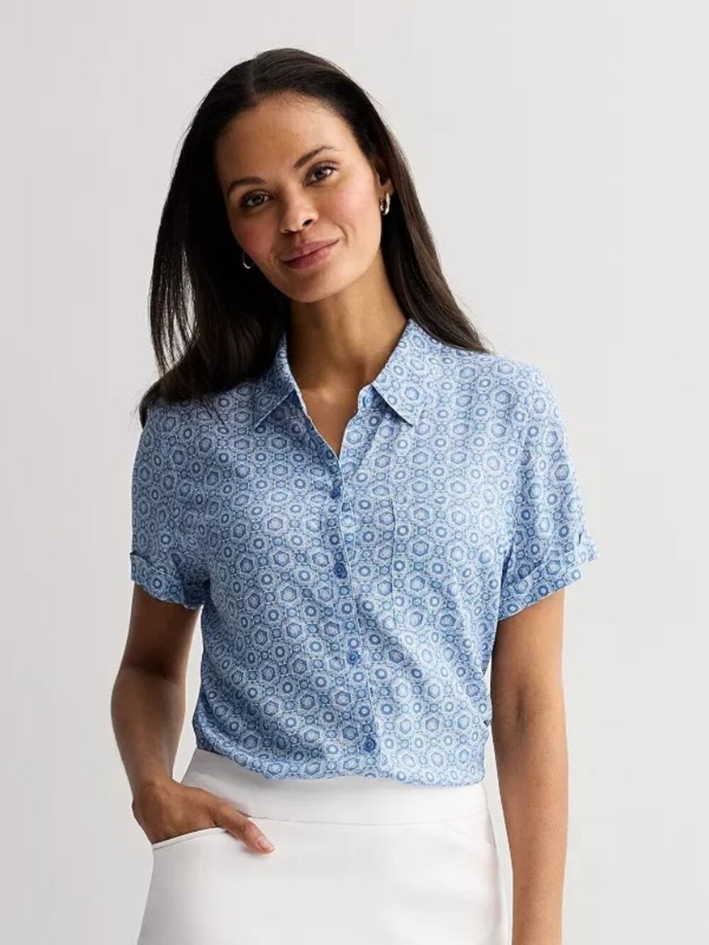 Women's XXL Croft & Barrow® Camp Shirt Blue Craft Geo Print 60% off Retail